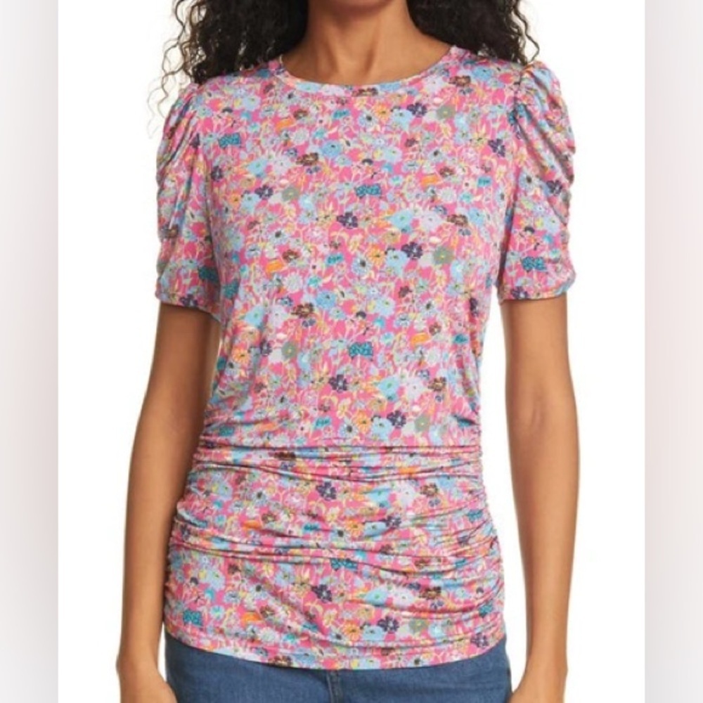 TANYA TAYLOR Women Tunic Top Chaia Pink Floral Rutched Short Sleeve size small